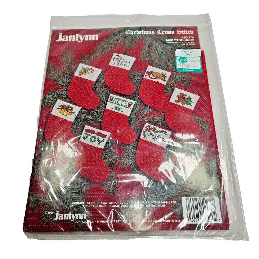 Janlynn Christmas Cross Stitch Kit - Set of 8 Mini Stockings 50-274 Vintage 1990